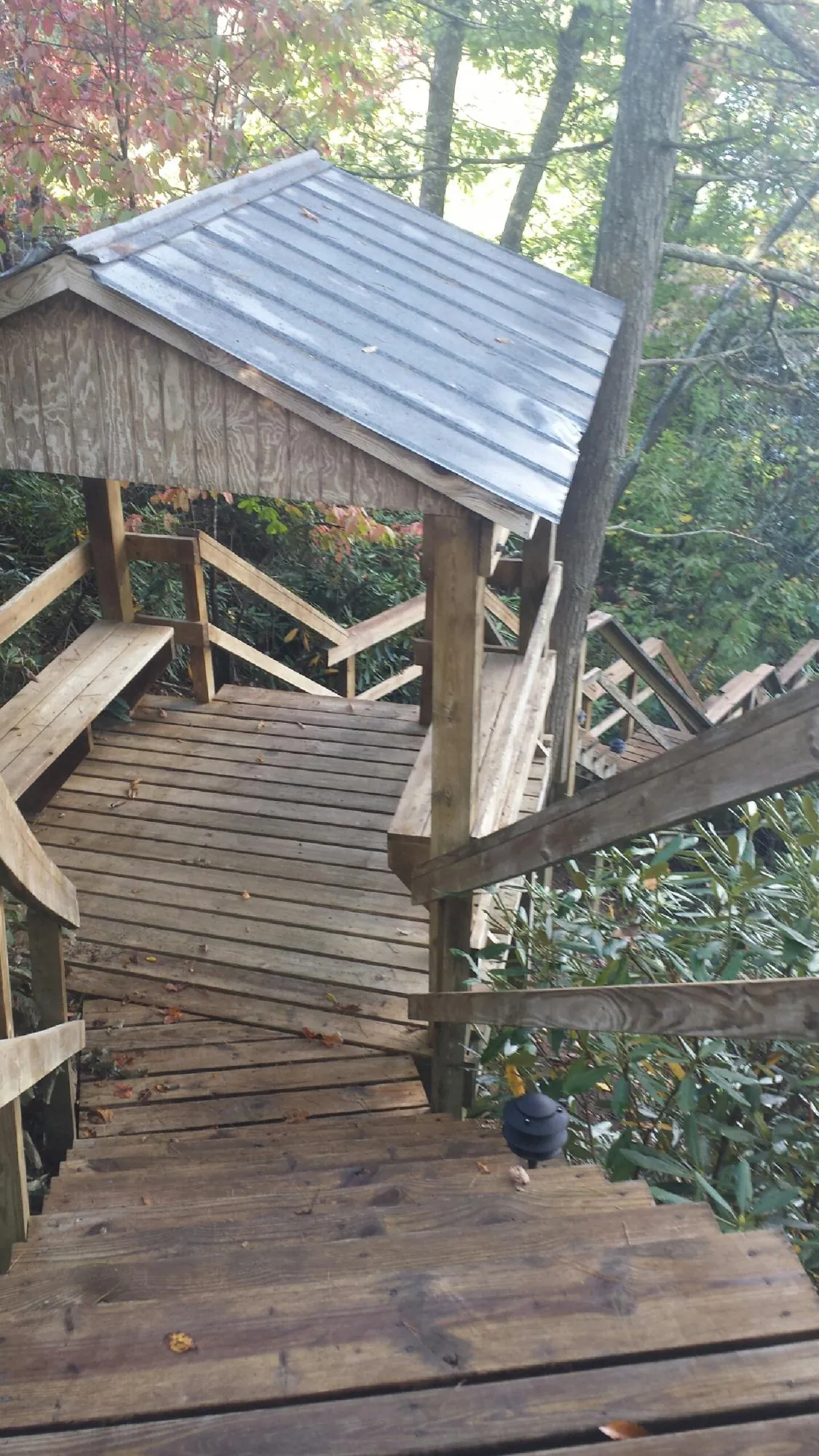 Metal roofed shelter over wooden steps on a wooded walkway — Skylight Repair & Installation work by our crew in Reesville
